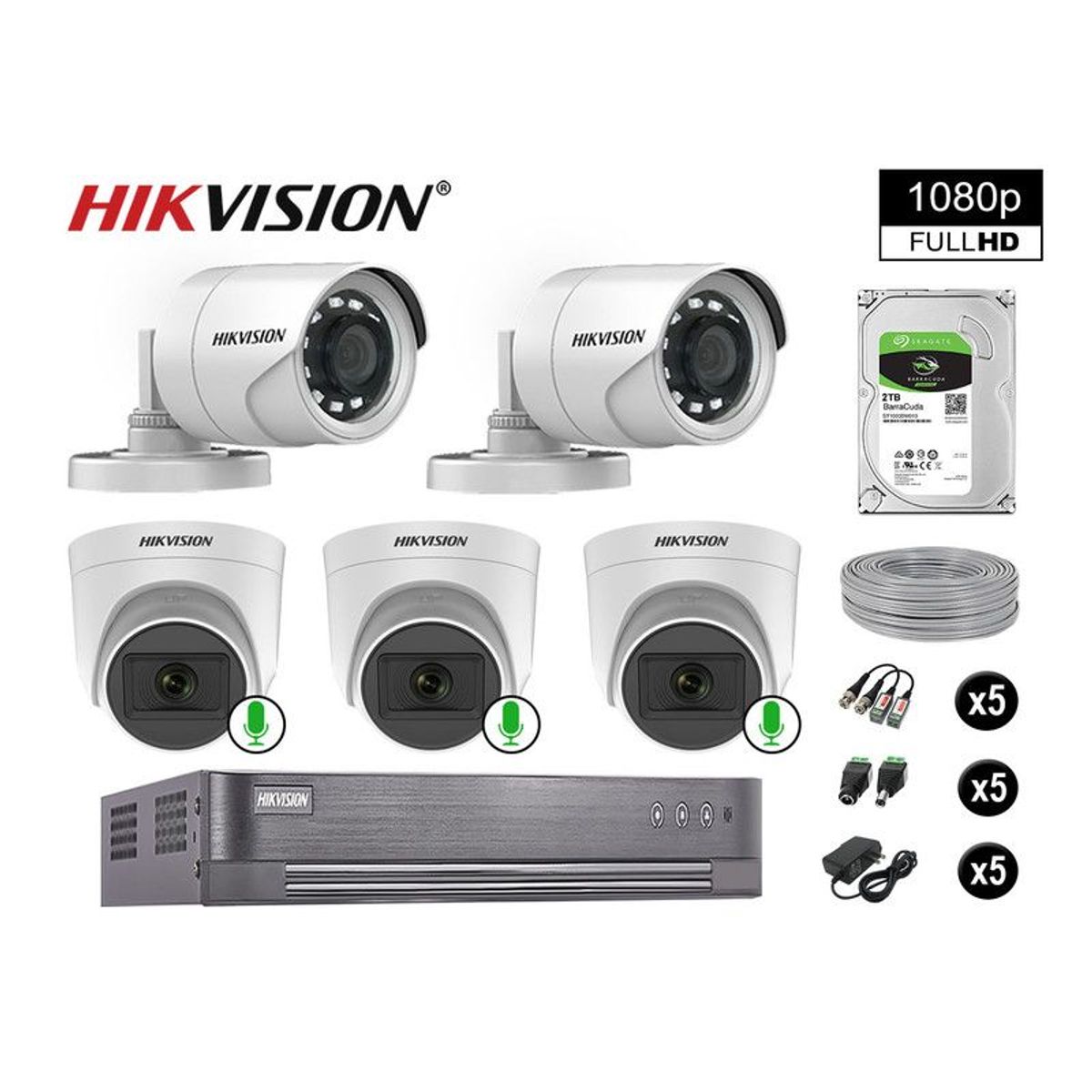 HIKVISION - CÁMARAS DE SEGURIDAD KIT 5 FULL HD 03 CAMARA CON AUDIO VIGILANCIA 2TB