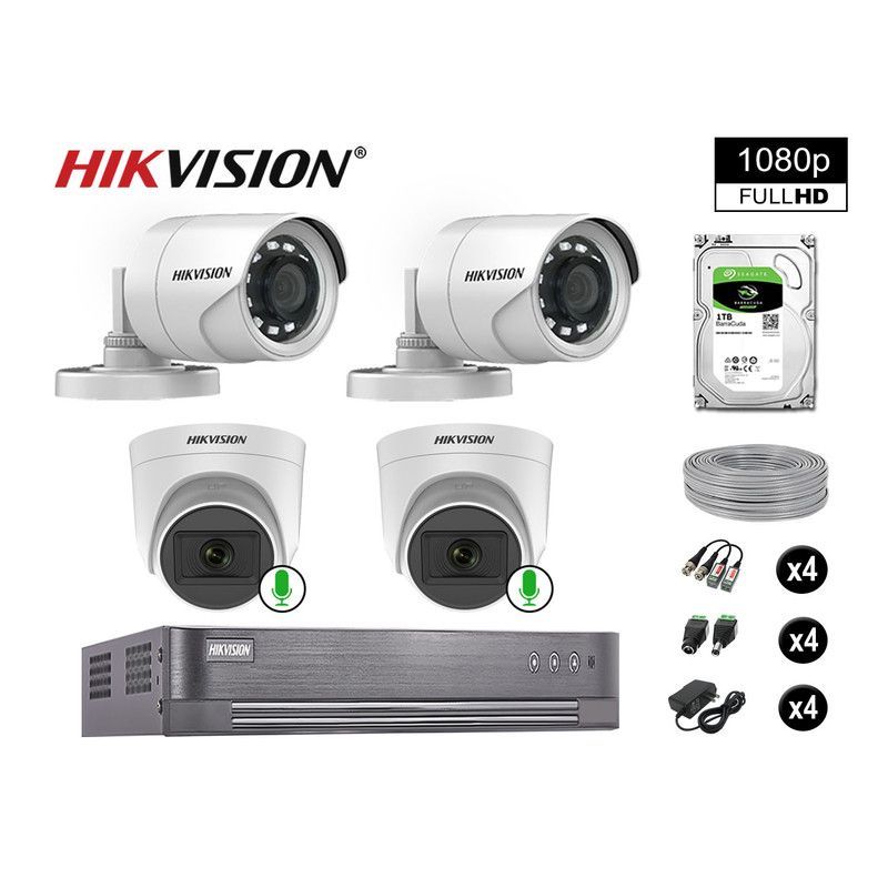 HIKVISION - CÁMARAS DE SEGURIDAD KIT 4 FULL HD 02 CAMARA CON AUDIO VIGILANCIA 1TB
