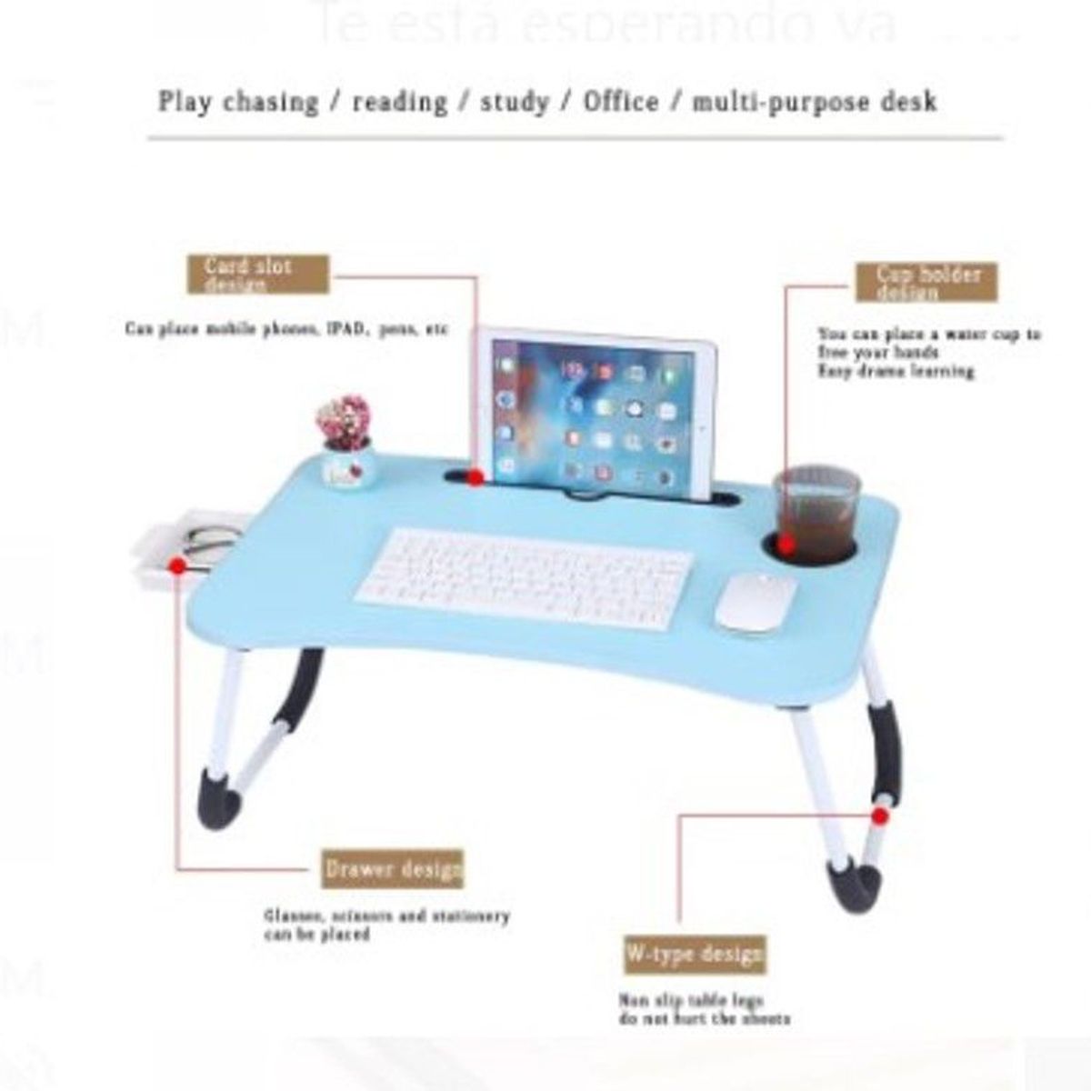GENERICO - Mesa de laptop plegablecon Ranura de tablet Posavaso -Celeste