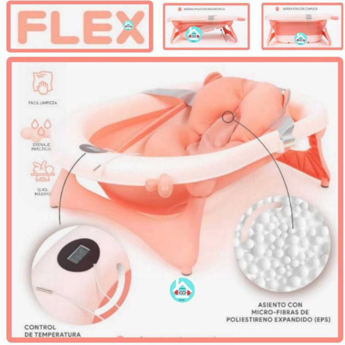 BABY HAPPY - Tina Bañera plegable con Control De Temperaturacojin Flex M