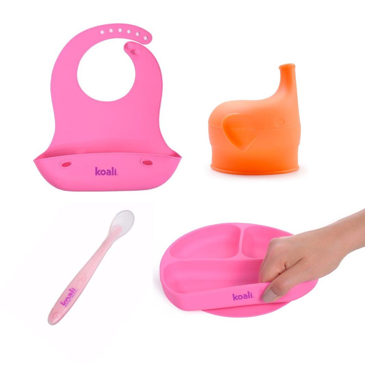 KOALI - Plato para Bebe Babero Cuchara Tapa para vaso Rosado