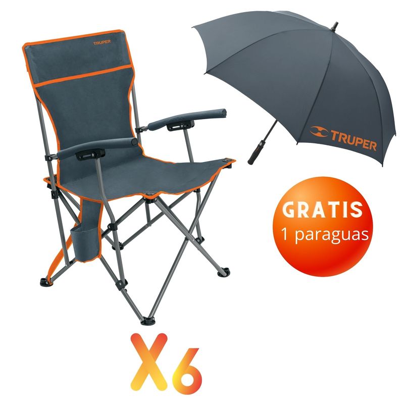 TRUPER - Combo 6 Sillas de playa plegables camping y 1 Paragua TRUPER
