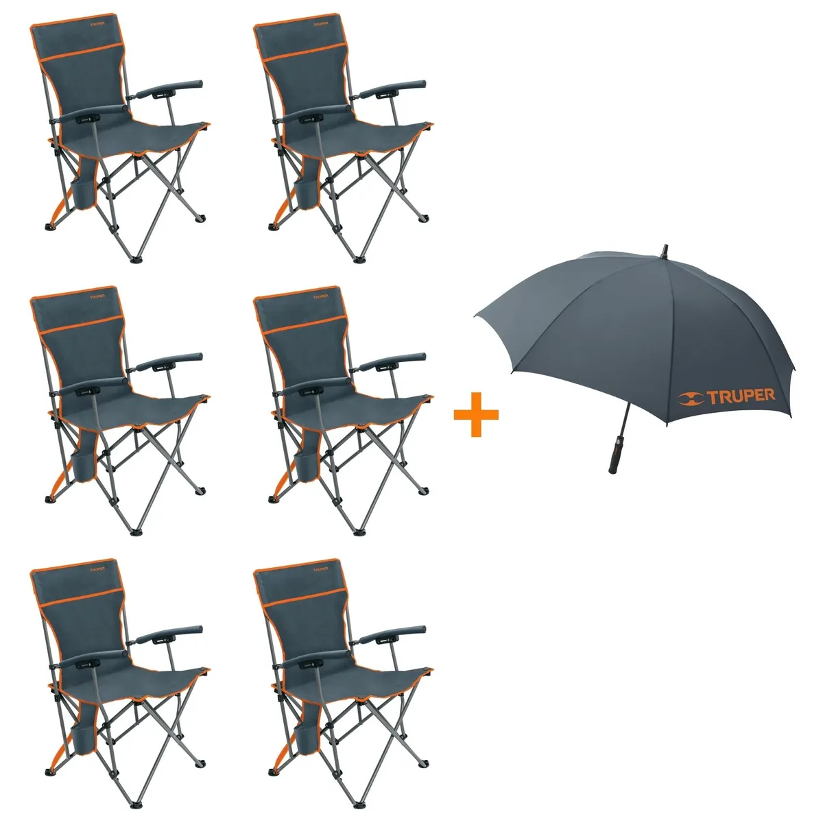 TRUPER - Combo 6 Sillas de playa plegables camping y 1 Paragua TRUPER