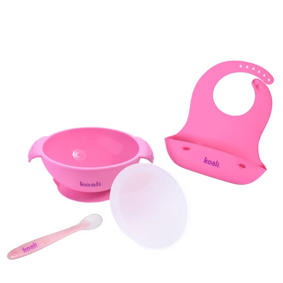 KOALI - Plato para Bebe Babero Cuchara Tapa Silicona Rosado