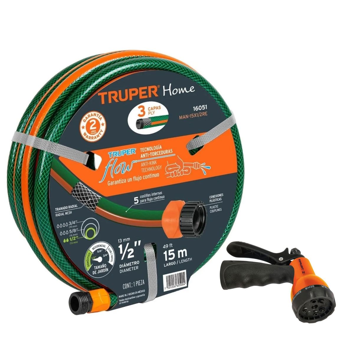 TRUPER - Combo manguera de riego 15m y Pistola de riego Truper