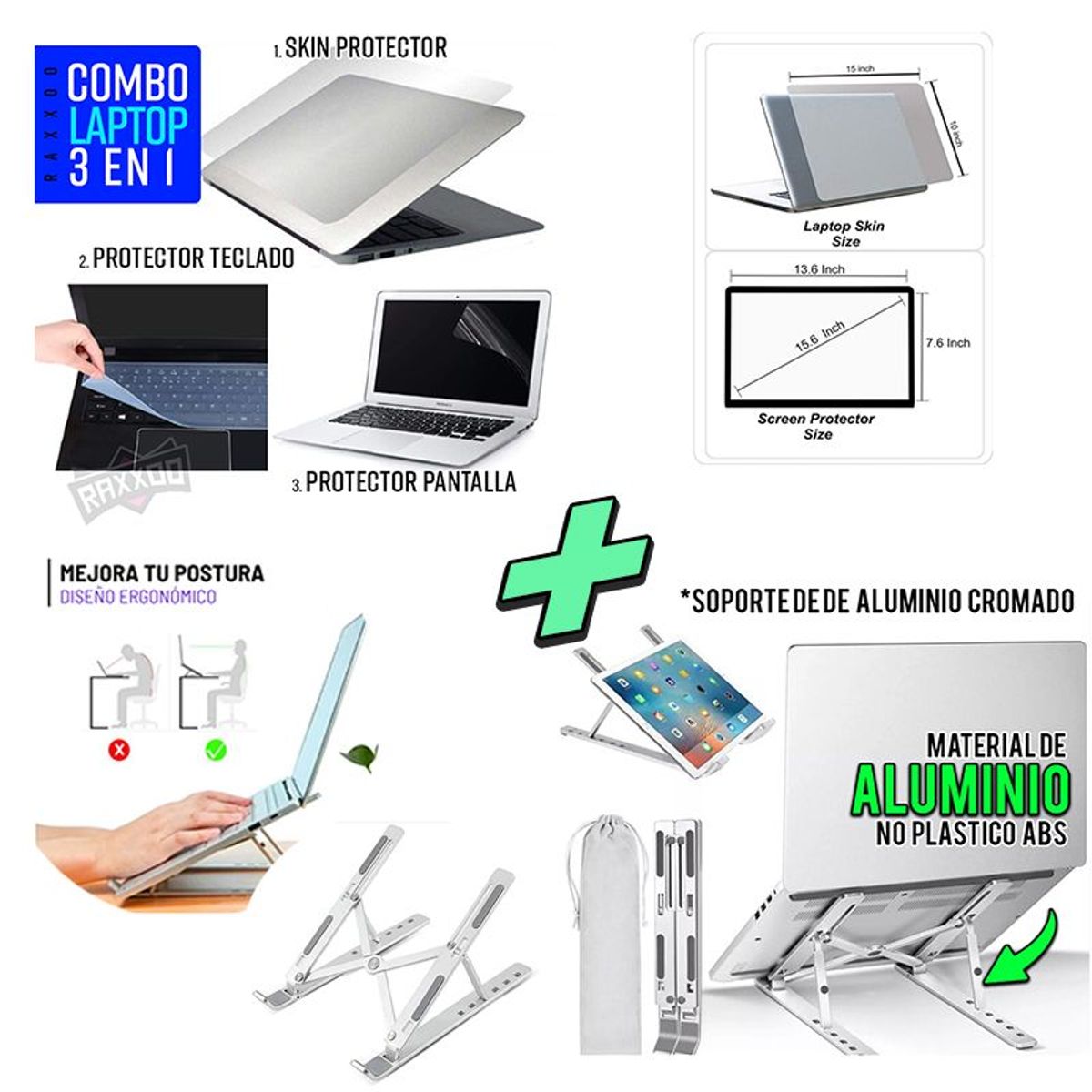 OEM - Kit skin protector 3 en 1 + Soporte de Aluminio para Laptop