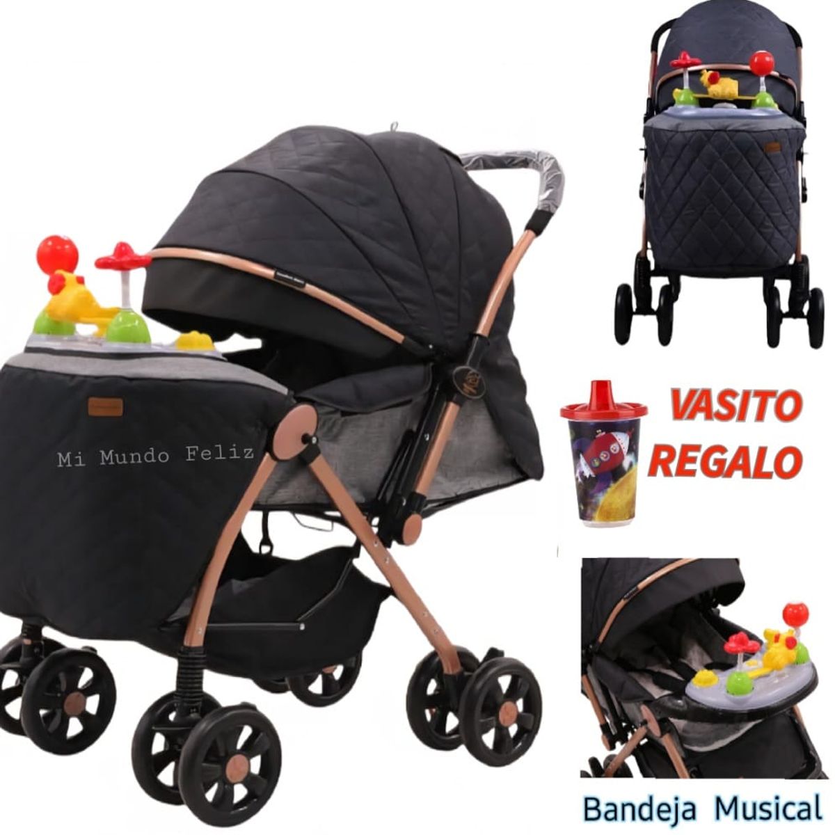 BABY HAPPY - Coche de Bebe con Musical  Acolchado Negro Gold