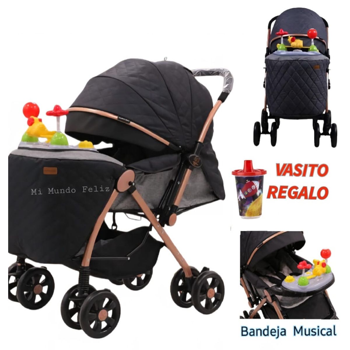 BABY HAPPY - Coche de Bebe con Musical  Acolchado Negro Gold