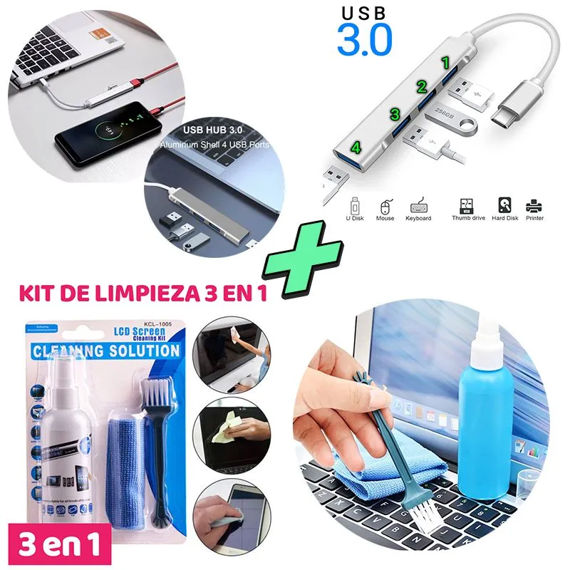 OEM - Kit de Limpieza p/ Laptop + Hub a USB 3.0 de 4 Puertos tipo C
