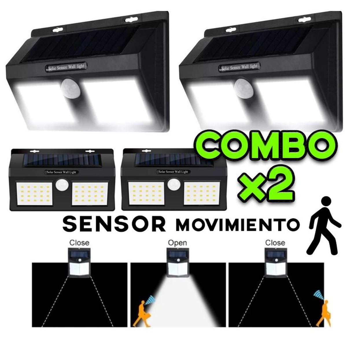 GENERICO - Combo Luz Foco Lampara Led Solar Doble Panel Reflector con Sensor