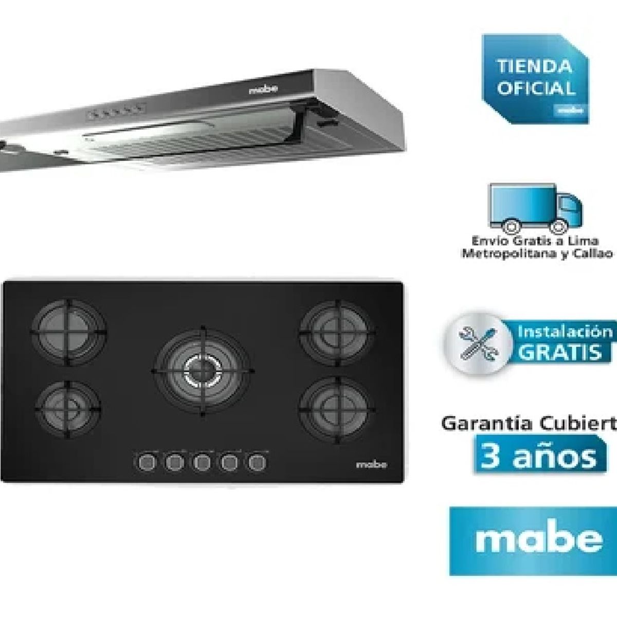 MABE - COMBO MABE Encimera a gas 5 hornillas PM8655GV0+Campana CMU9020PI0