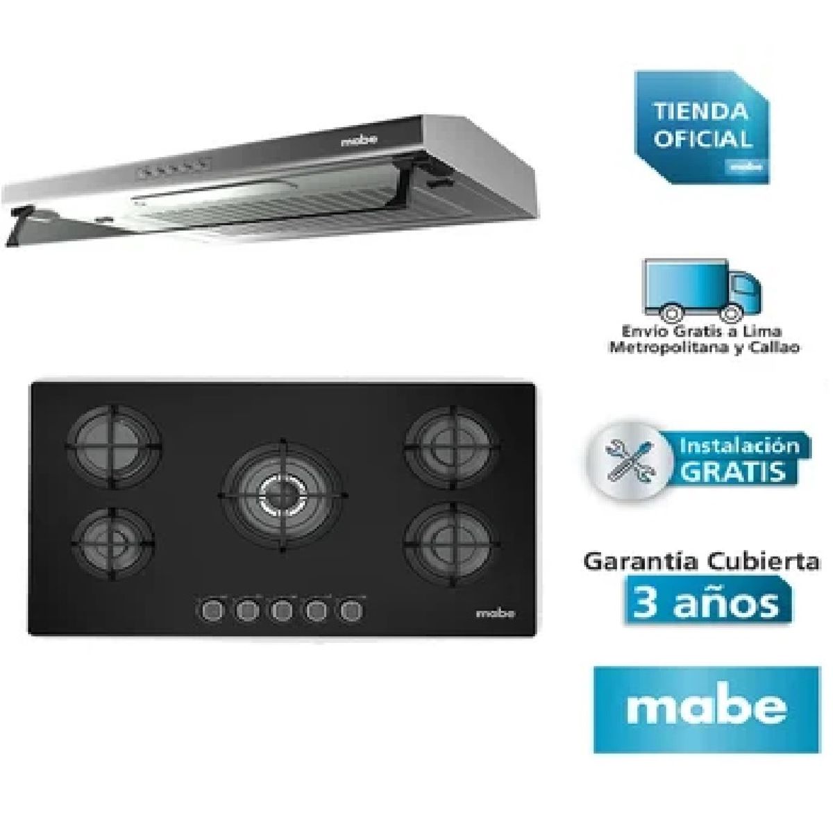 MABE - COMBO MABE Encimera a gas 5 hornillas PM8655GV0+Campana CMU9020PI0