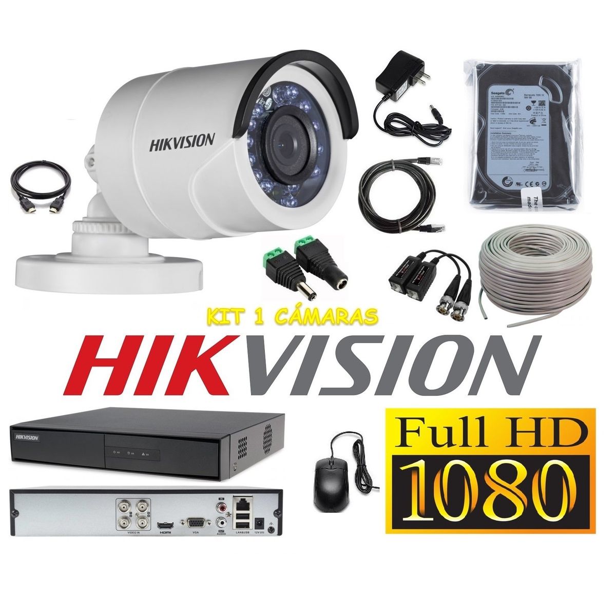HIKVISION - kit 1 Cámaras Seguridad Tubo Exteriror FULLHD Hikvision 500gb + cable