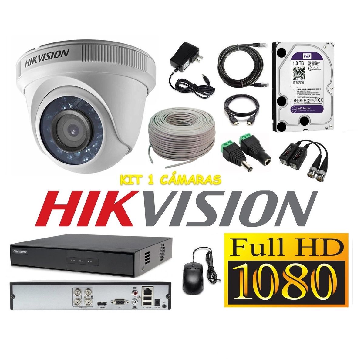 HIKVISION - kit 1 Cámaras Seguridad Domo Interior FULLHD Hikvision 1TB + cable