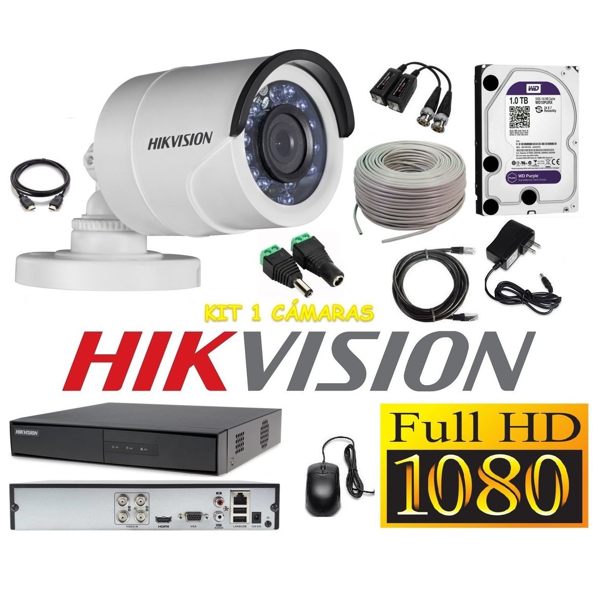HIKVISION - kit 1 Cámaras Seguridad Tubo Exteriror FULLHD Hikvision 1TB + cable