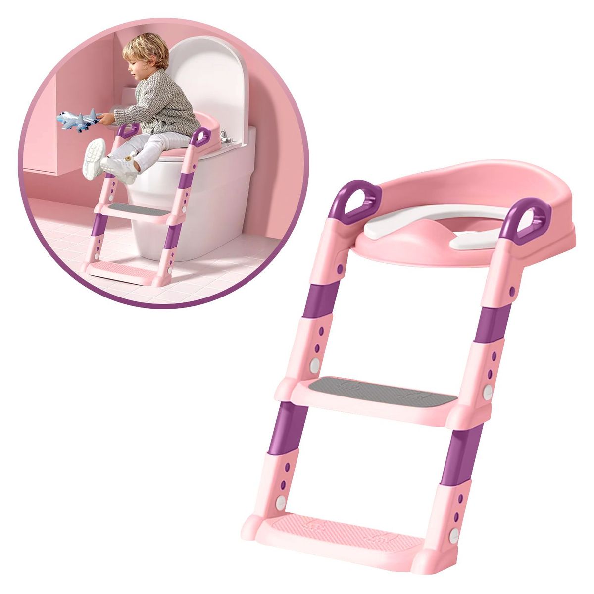 BUYPAL - Bacin Escalera para Bebe Plegable y Ajustable Baño Rosado