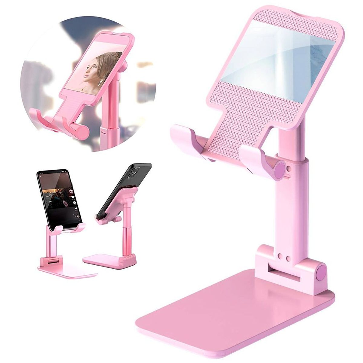 MINARI - Soporte de Celular con Espejo Ajustable Plegable Escritorio Rosa C07