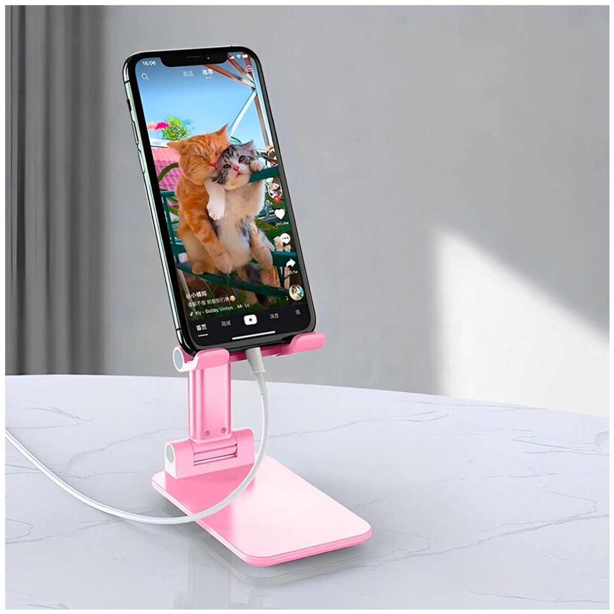 MINARI - Soporte de Celular con Espejo Ajustable Plegable Escritorio Rosa C07
