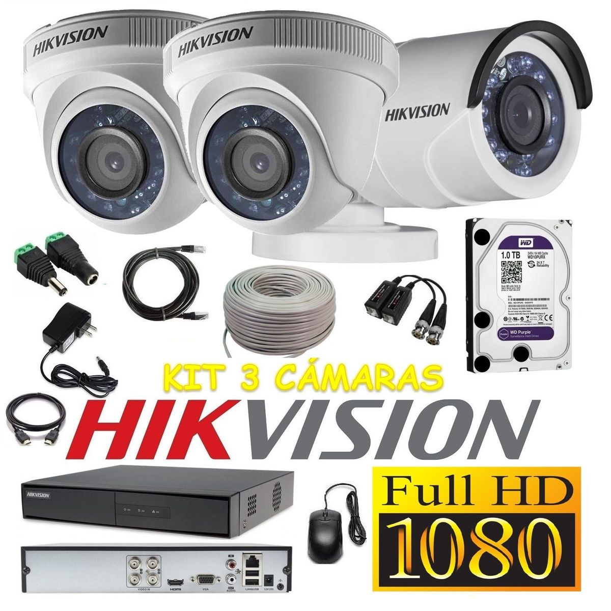 HIKVISION - kit 3 Cámaras Seguridad FULLHD Hikvision 1tb + cable