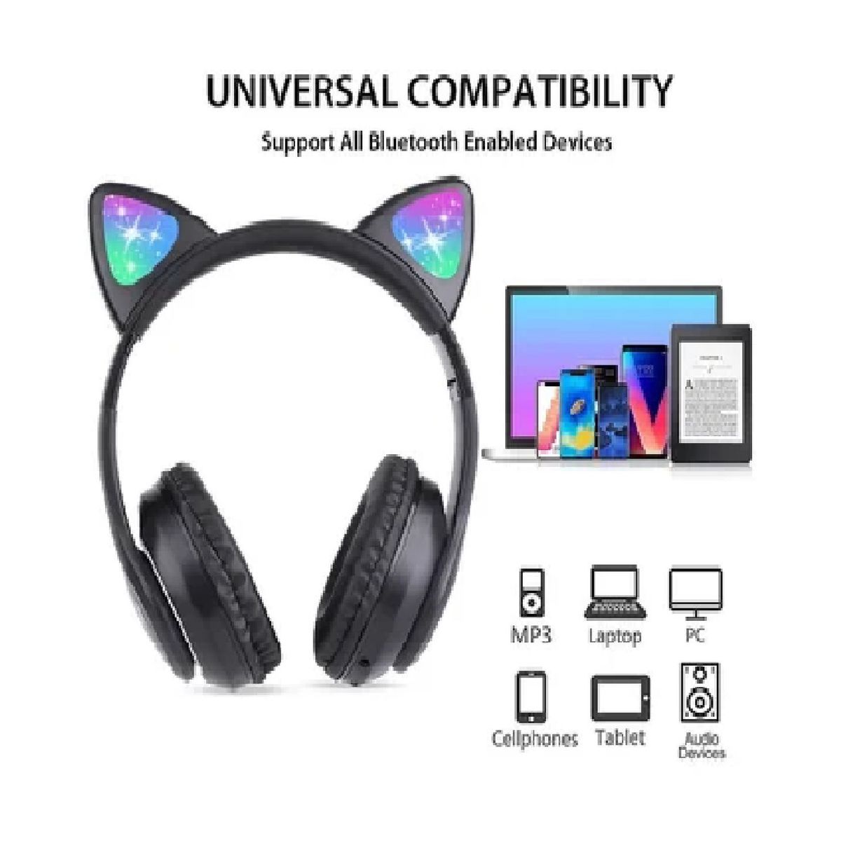 GENERICO - AUDIFONO GATITO BLUETOOTH SONIDO ESTEREO CON MICROFONO LUZ RGB