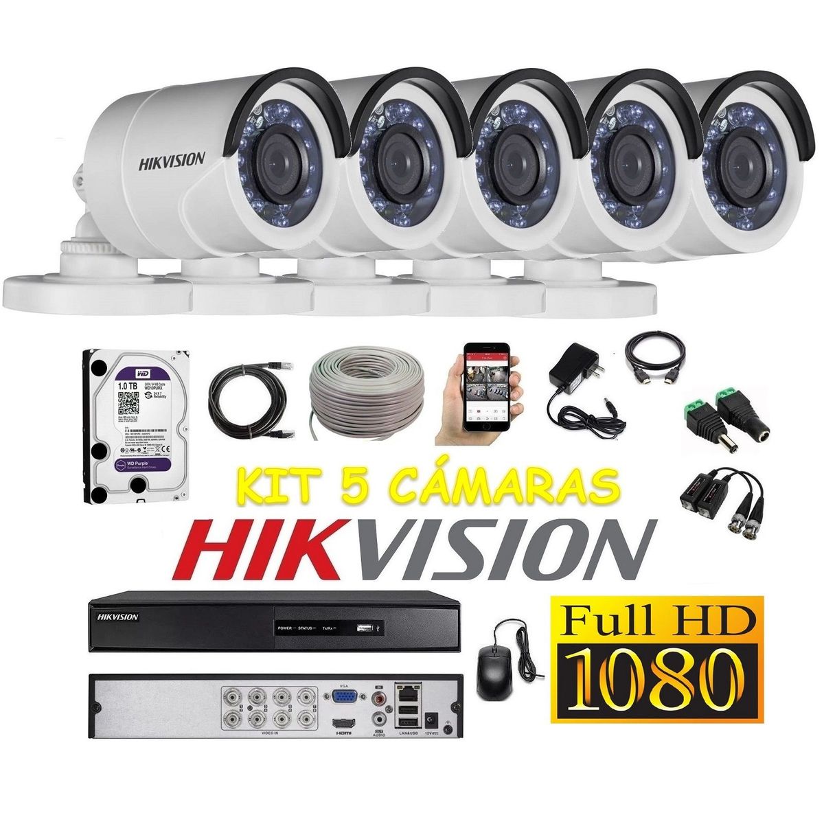 HIKVISION - kit 5 Cámaras Seguridad Tubo Exterior FULLHD Hikvision 1tb + cable
