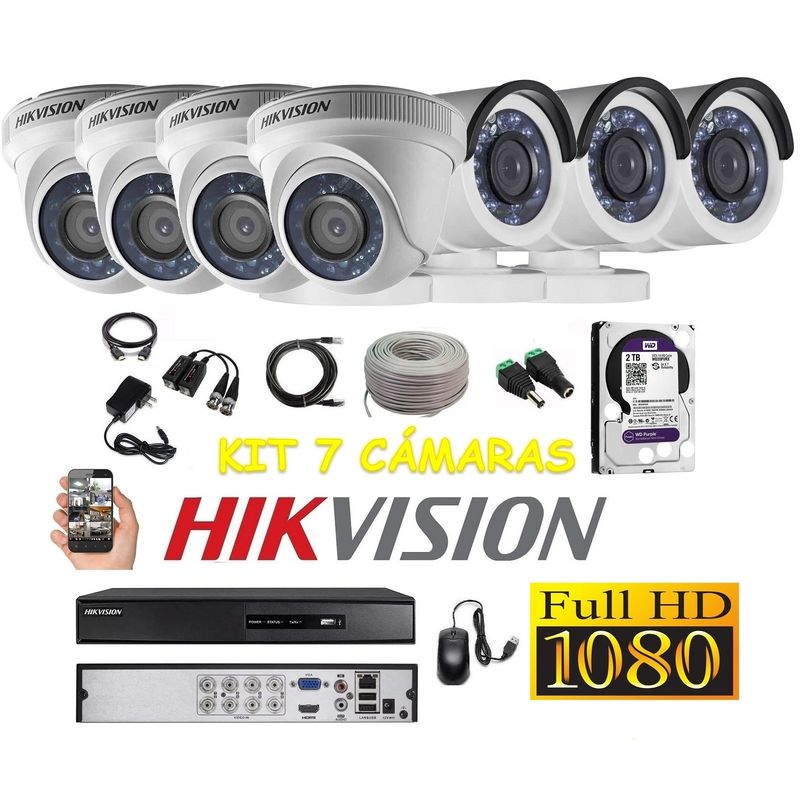 HIKVISION - kit 7 Cámaras Seguridad FULLHD Hikvision 2tb + cable