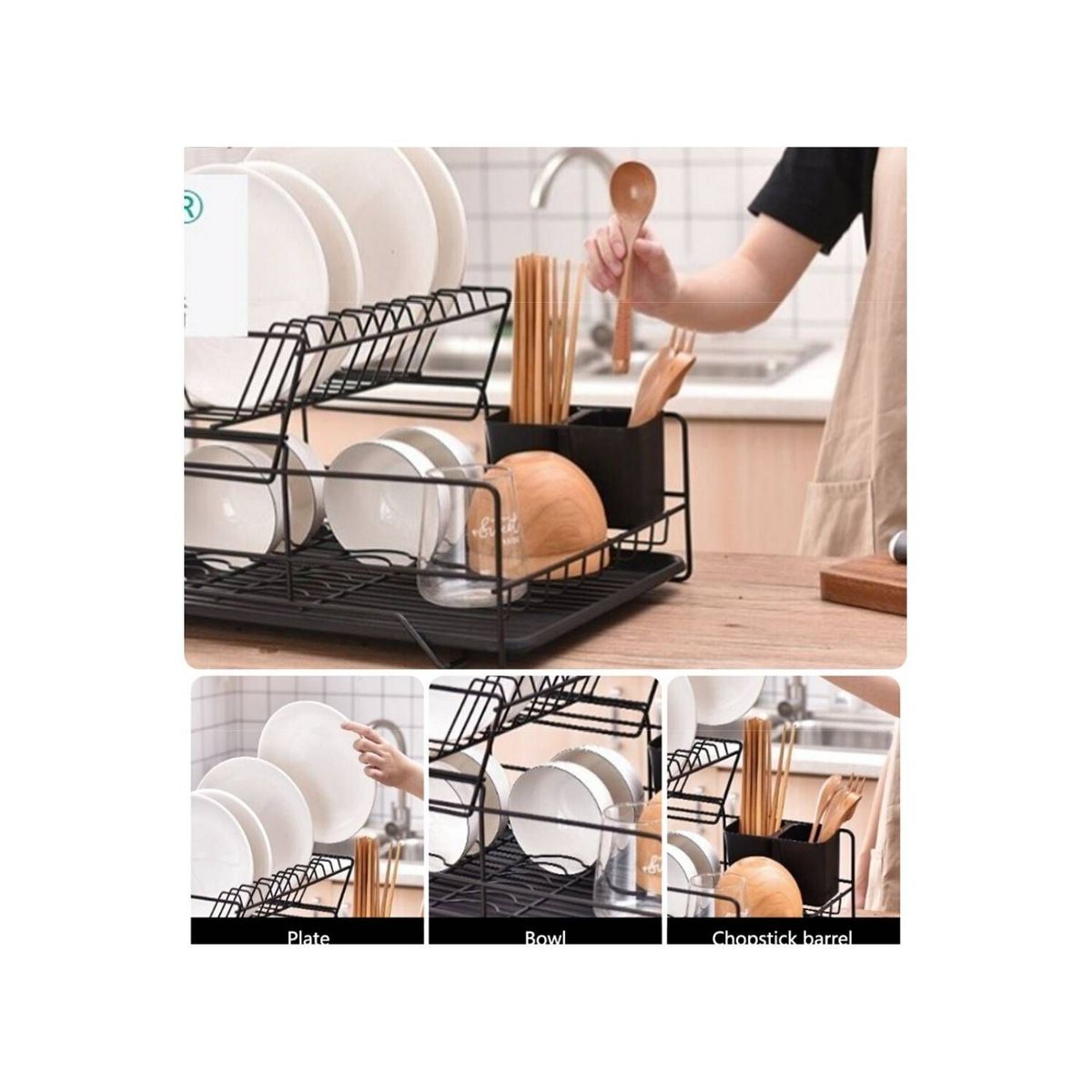 INSPIRA MARKET - Escurridor de platos de 2 niveles metal Negro