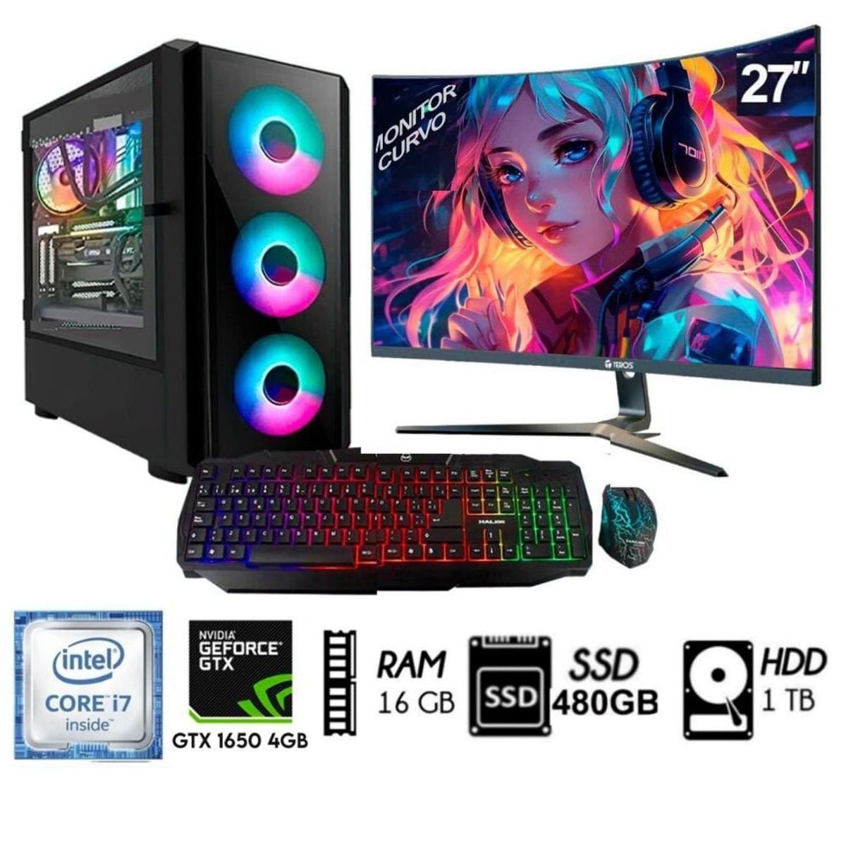 INTEL - Computadora PC GAMER CORE I7 32Ghz Ram 16GB Disco1TB+SSD480GB GTX1650 4GB M27´´