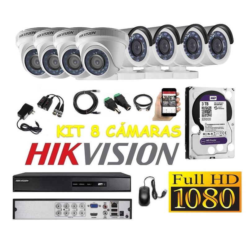 HIKVISION - kit 8 Cámaras Seguridad FULLHD Hikvision 3tb