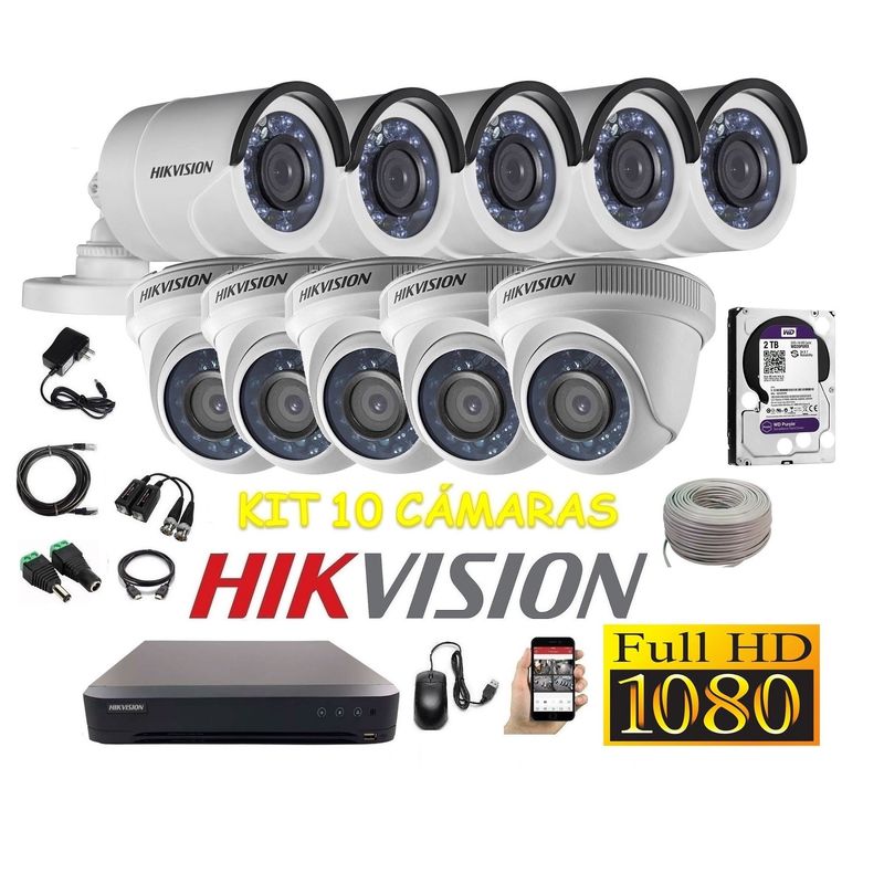 HIKVISION - kit 10 Cámaras Seguridad FULLHD Hikvision 2tb + cable