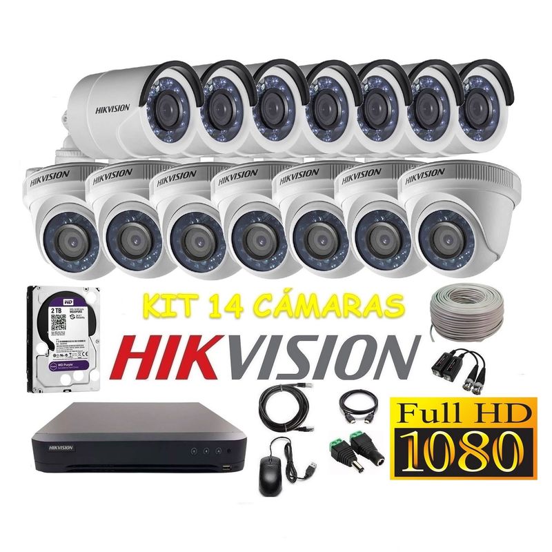 HIKVISION - kit 14 Cámaras Seguridad FULLHD Hikvision 2tb + cable