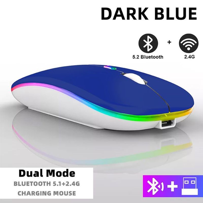 OEM - Mouse Bluetooth Recargable Dual con LUZ LED RGB - Azul oscuro