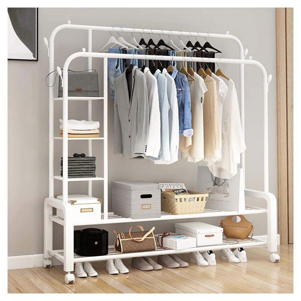 GRETAIL - Perchero Estante Organizador Ropa Zapatos Ruedas Doble FY34 Blanco