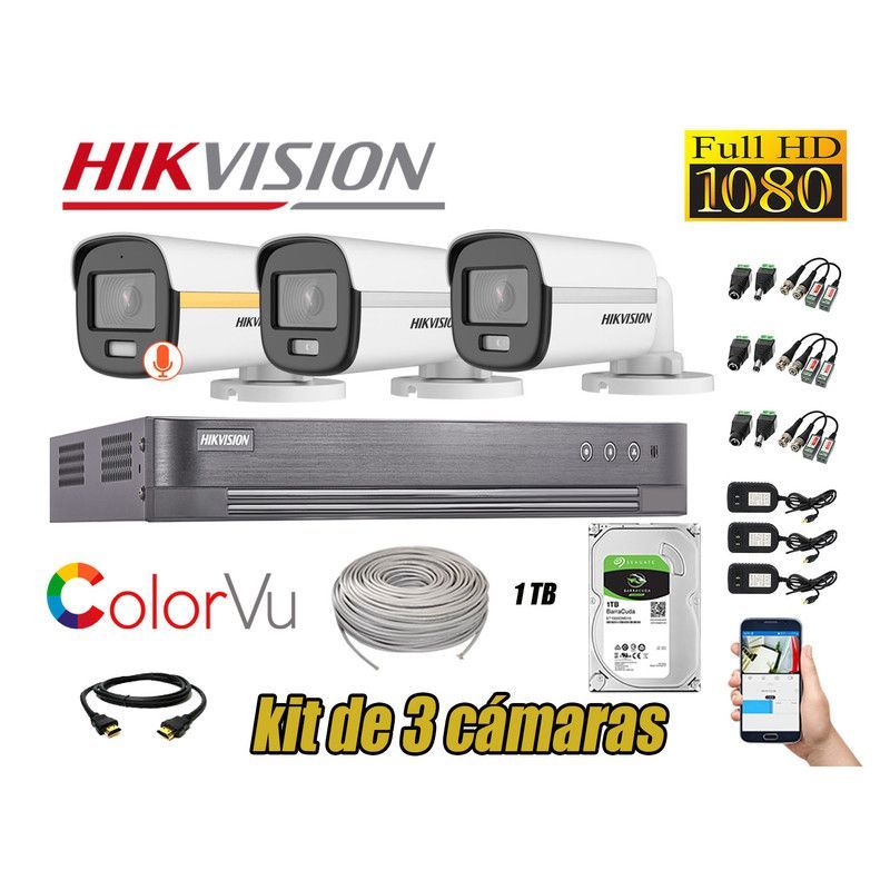 HIKVISION - CÁMARAS SEGURIDAD EXTERIOR TUBO KIT 3 1080P COLORVU NOCHE COLOR