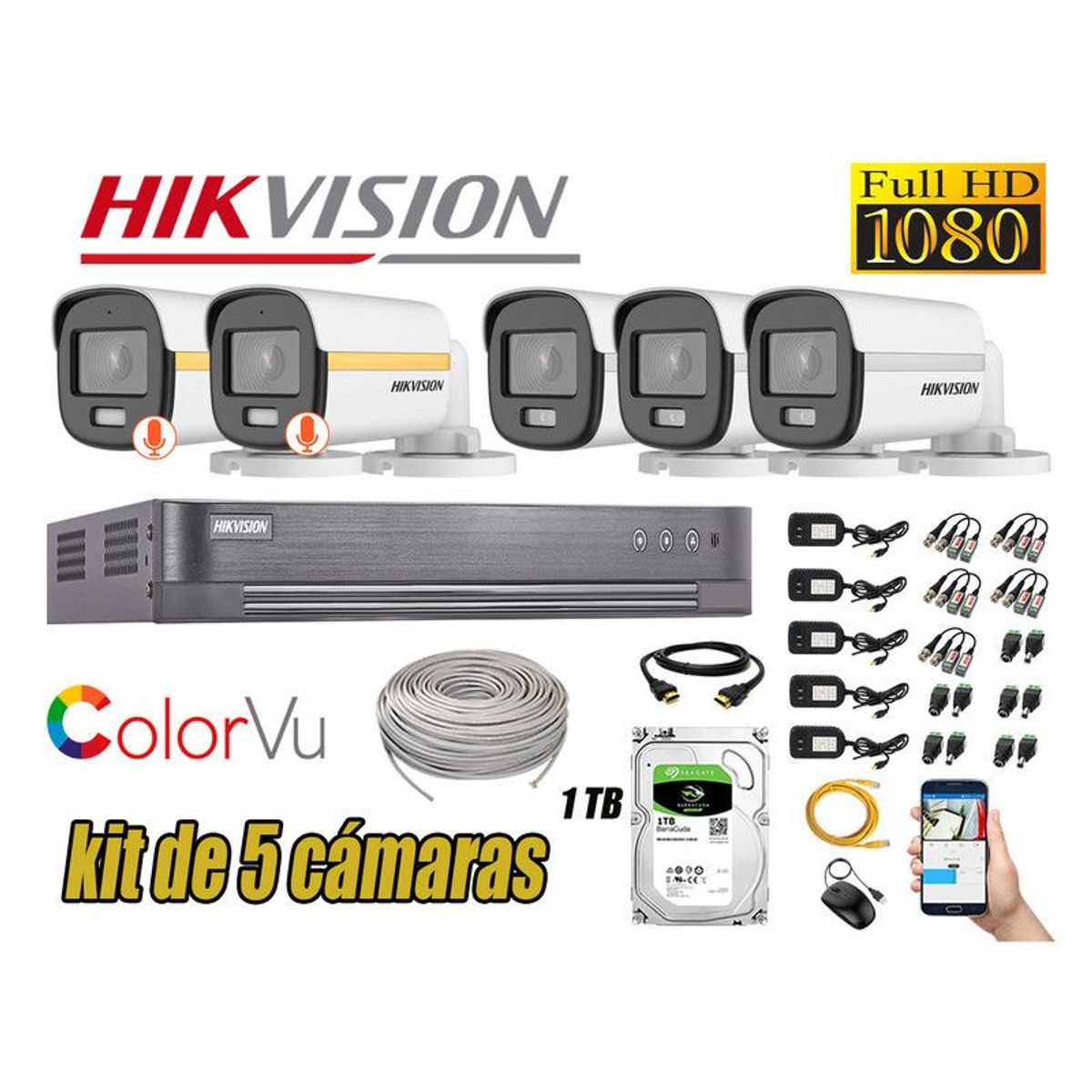 Hikvision - CÁMARAS SEGURIDAD EXTERIOR TUBO KIT 5 1080P COLORVU NOCHE COLOR