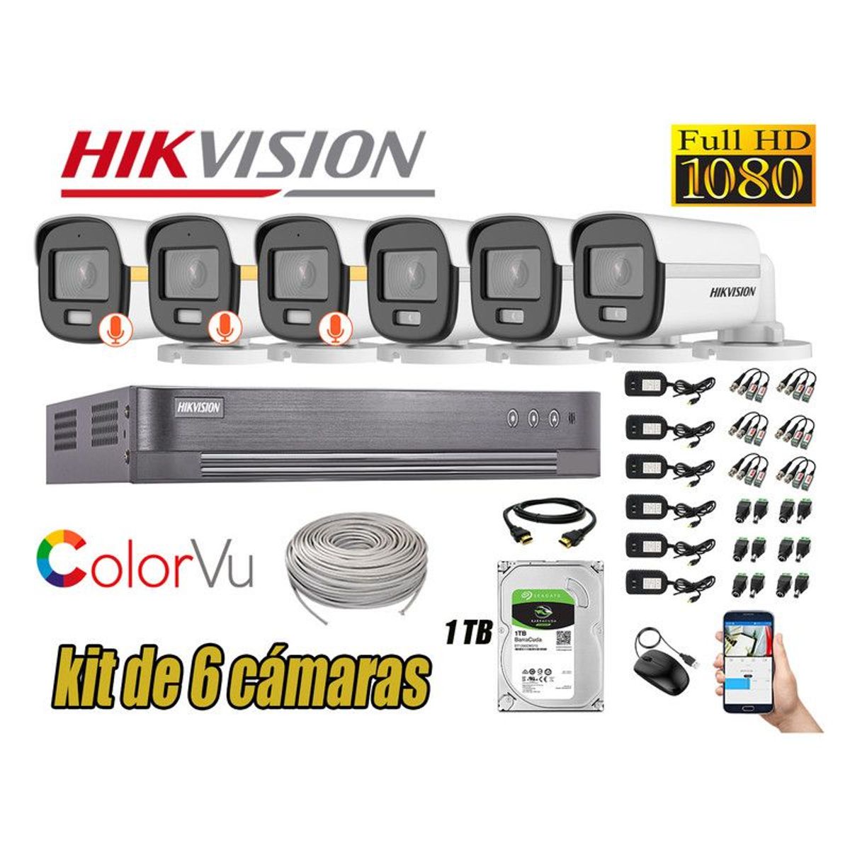 HIKVISION - CÁMARAS SEGURIDAD EXTERIOR TUBO KIT 6 1080P COLORVU NOCHE COLOR
