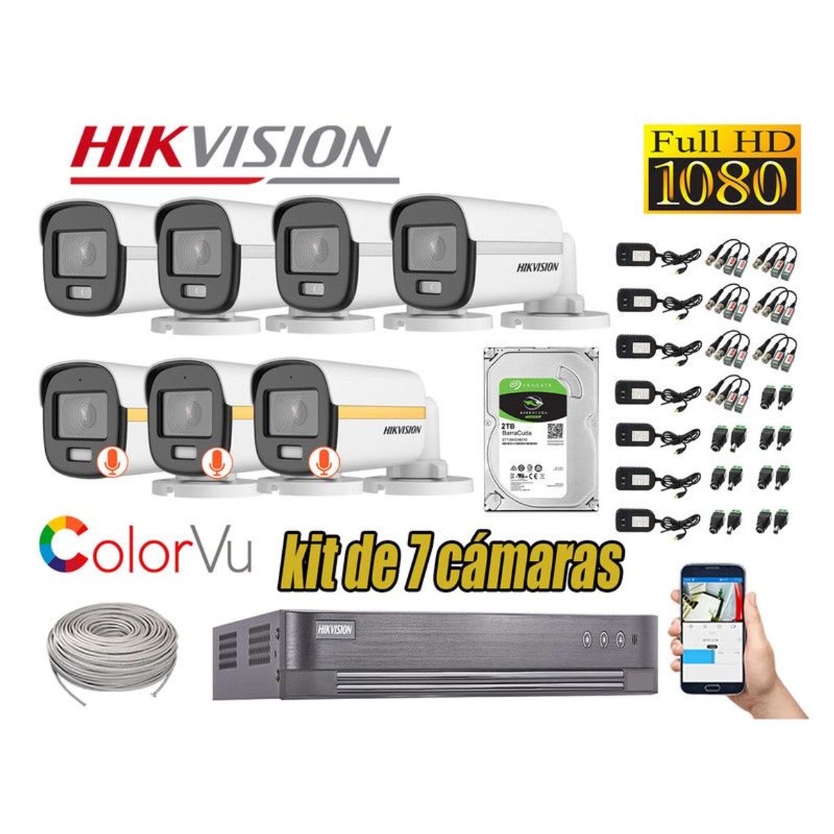 HIKVISION - CÁMARAS SEGURIDAD EXTERIOR TUBO KIT 7 1080P COLORVU NOCHE COLOR
