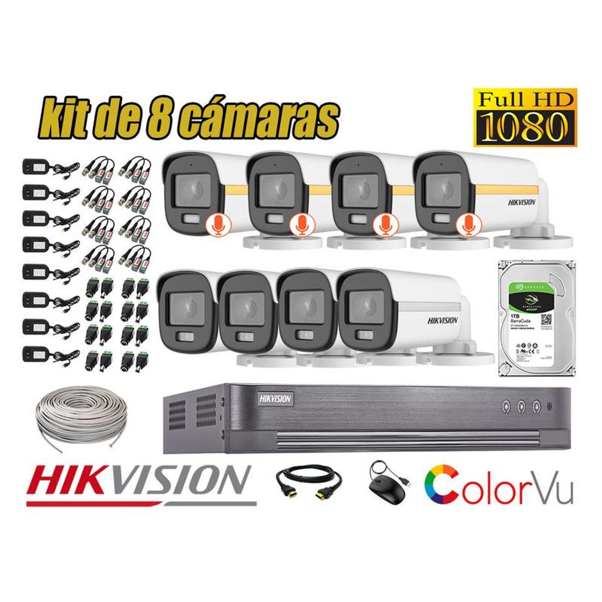 HIKVISION - CÁMARAS SEGURIDAD EXTERIOR TUBO KIT 8 1080P COLORVU NOCHE COLOR