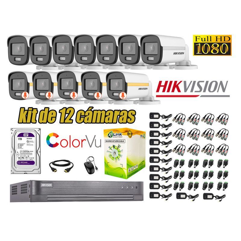HIKVISION - CÁMARAS SEGURIDAD EXTERIOR TUBO KIT 12 1080P COLORVU NOCHE COLOR
