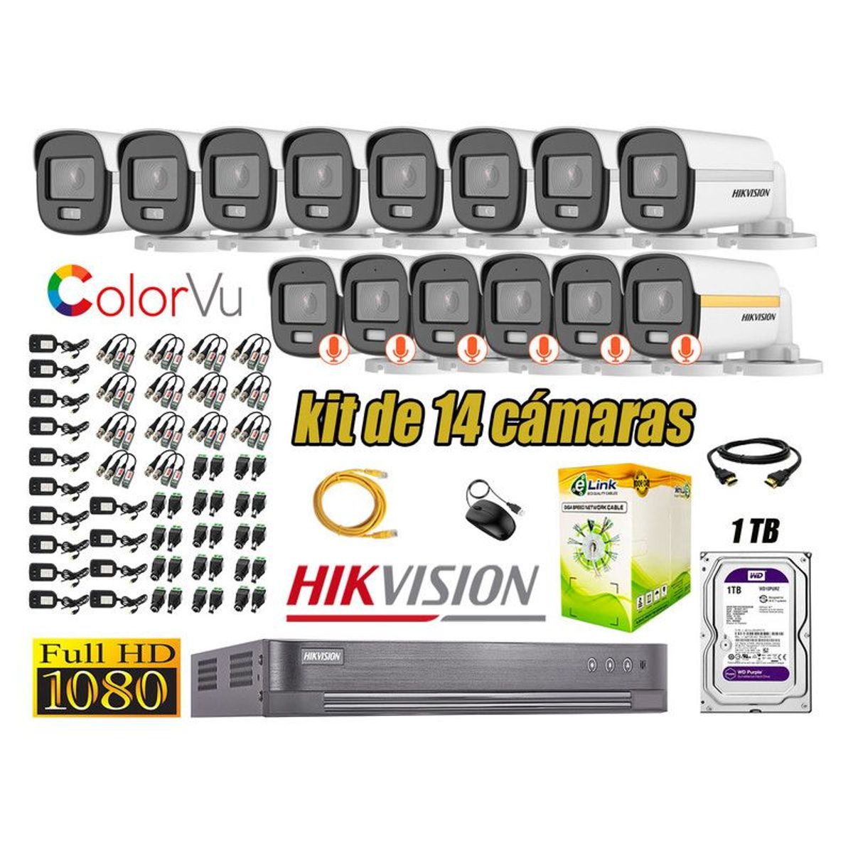 HIKVISION - CÁMARAS SEGURIDAD EXTERIOR TUBO KIT 14 1080P COLORVU NOCHE COLOR