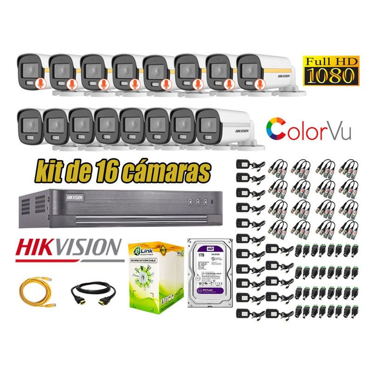 HIKVISION - CÁMARAS SEGURIDAD EXTERIOR TUBO KIT 16 1080P COLORVU NOCHE COLOR
