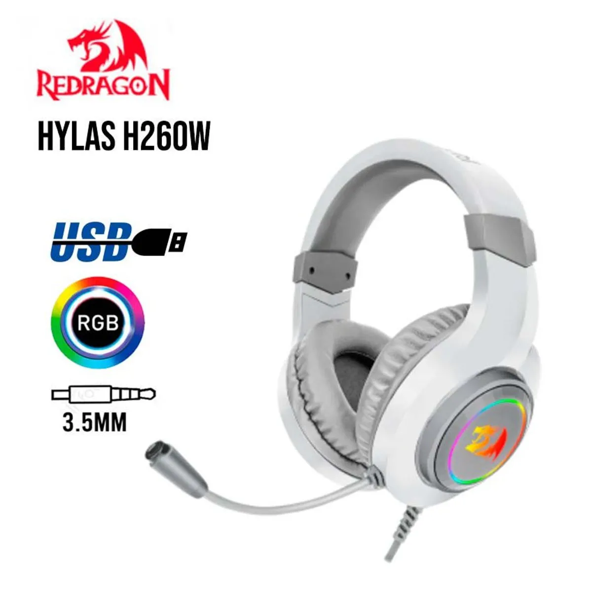 REDRAGON - Audífono Gamer Redragon con micrófono Hylas H260W-RGB BLANCO