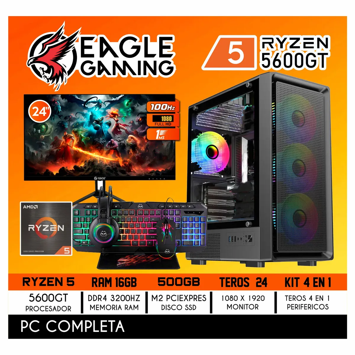 AMD - PC GAMER RYZEN 5 5600GT COMPLETA RAM 16gb SSD 500gb MONITOR 24 FHD