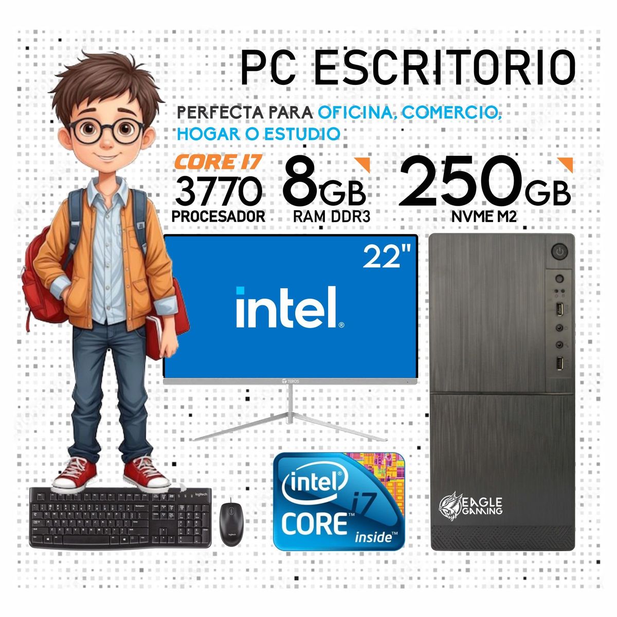 INTEL - Computadora pc intel core i7 3770 3.4 ghz ram 8gb + ssd 250gb monitor 22 fhd