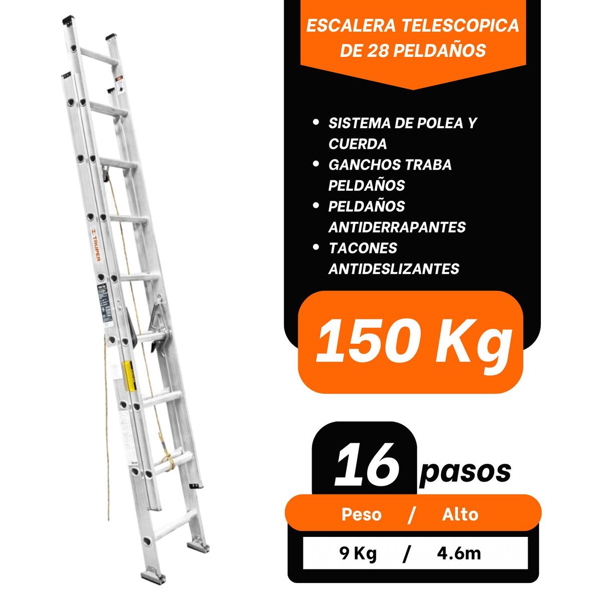 TRUPER - Escalera Telescopica 16 Peldaños capacidad de Carga 150 Kg Truper