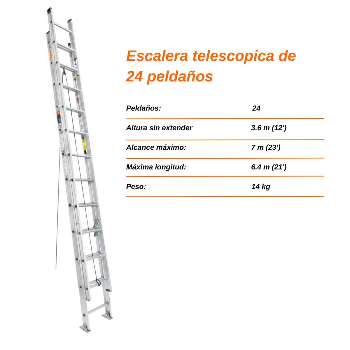 TRUPER - Escalera telescopica 24 peldaños soporta 150 kg Truper