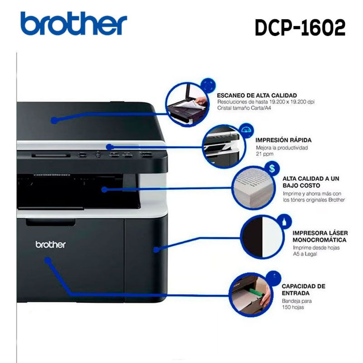 BROTHER - Impresora Láser Brother DCP-1602 Multifuncional Monocromática USB