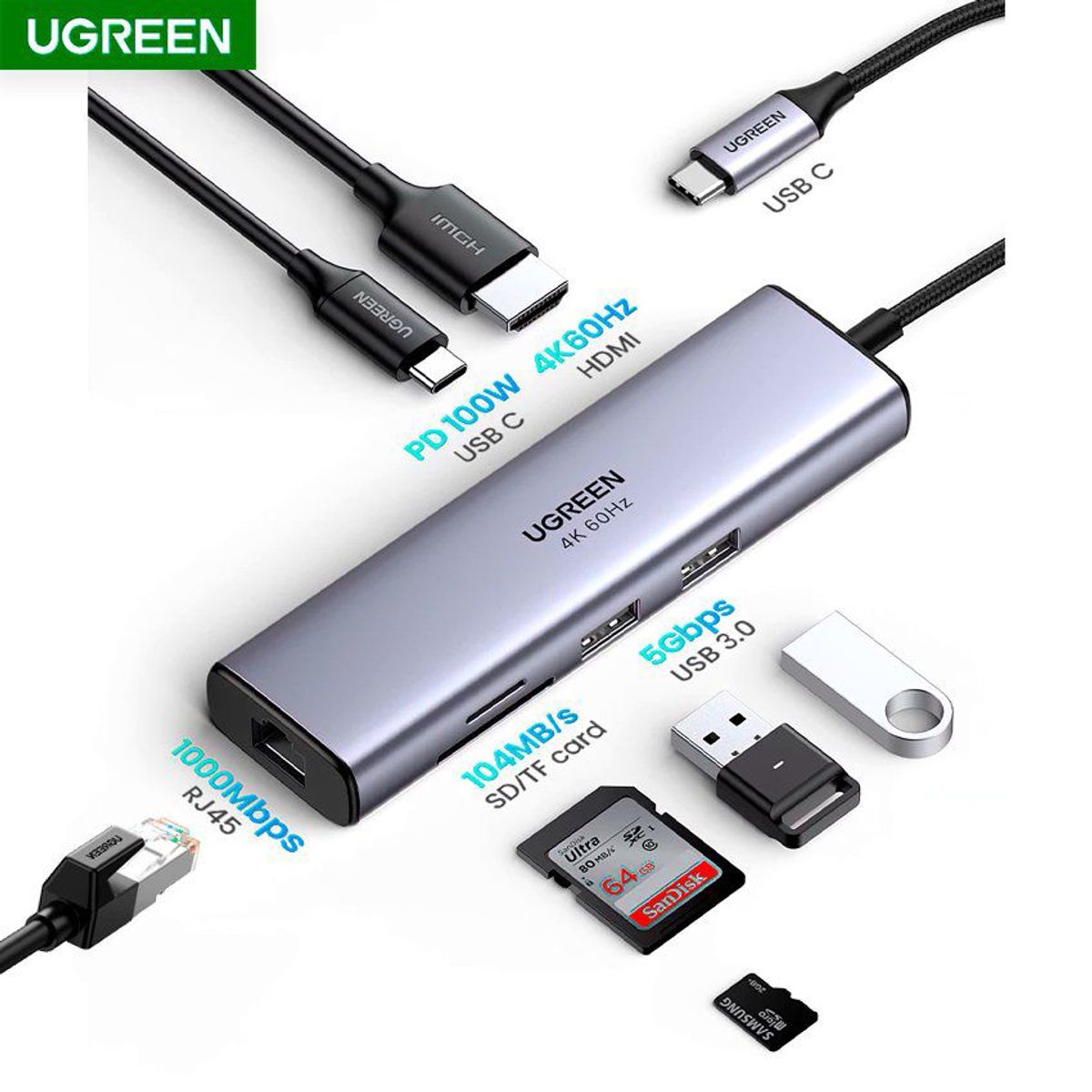 UGREEN - Hub adaptador usb c ugreen hdmi, rj45, usb 3.0 sd 7en1