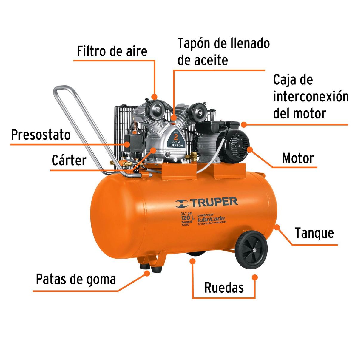 TRUPER - Compresor lubricado banda horizontal 120L Truper