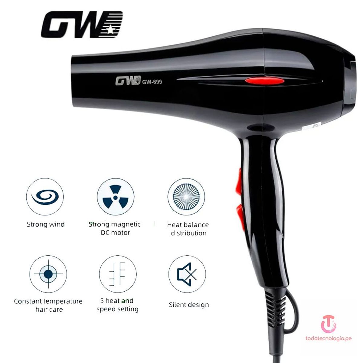 SONAR - Secador de Cabello GW-6558 Salón Profesional 3000W  220-240V.